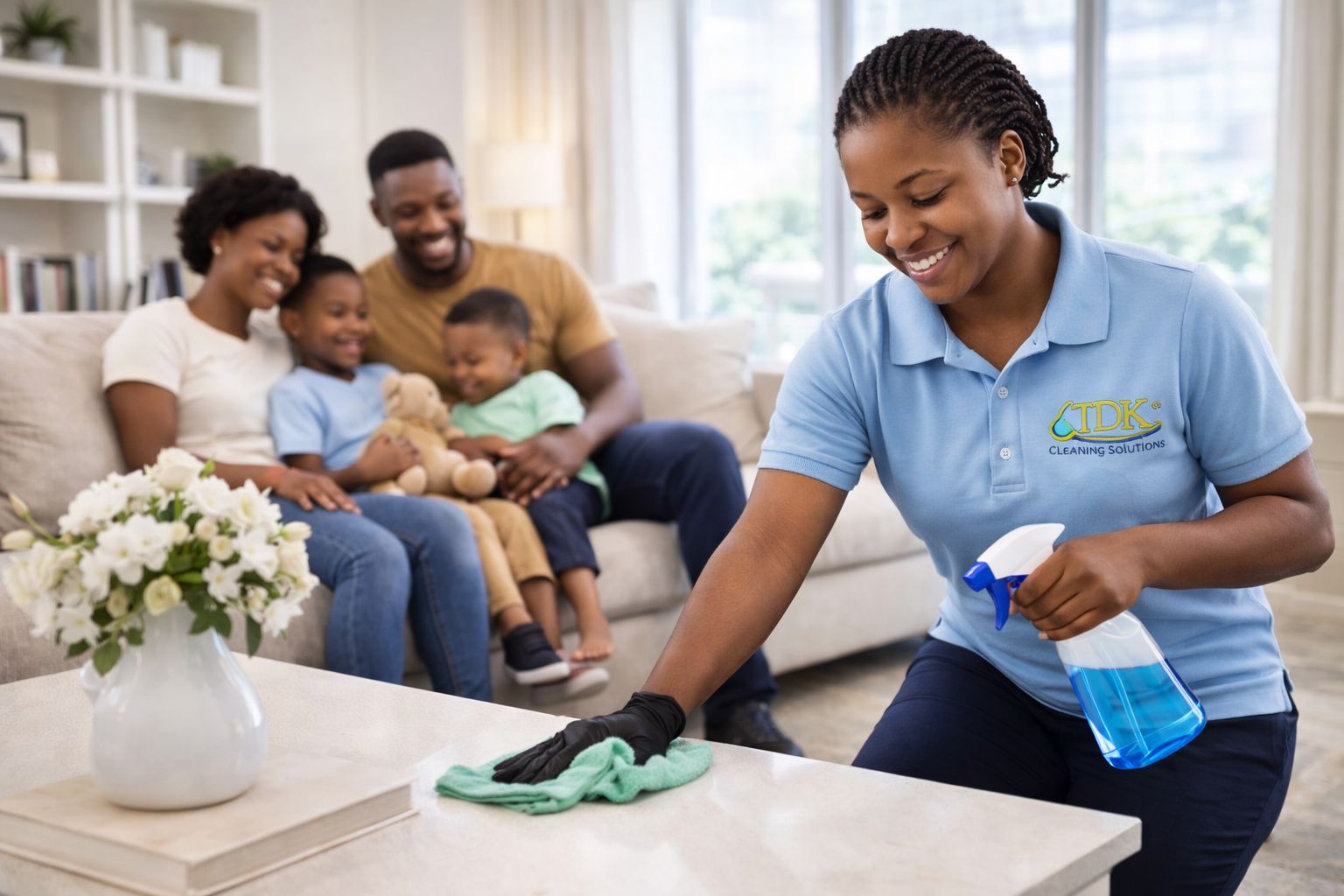 Cleaner wiping kitchen counter